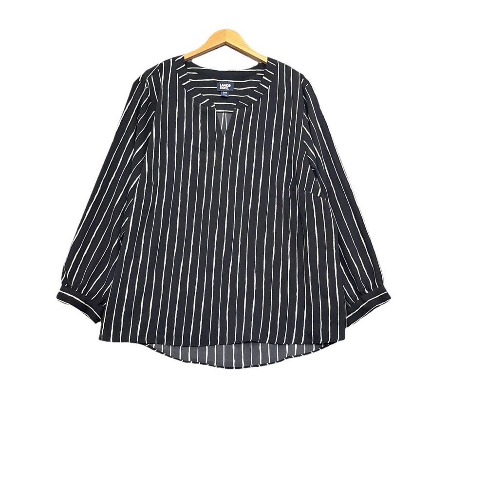 Lands End Popover Blouse Black White Stripe Size‎ 24W Long Sleeve Career Office